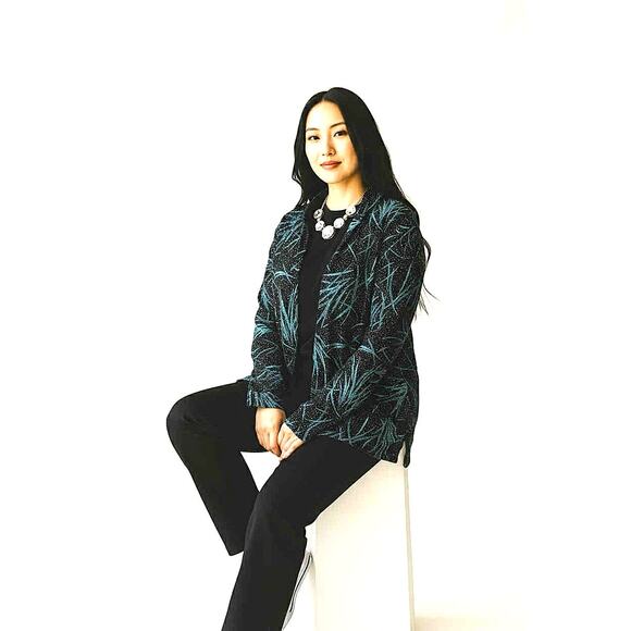 Onyx Nite 2-Piece Jacket & Top Black Blue Turquoise Silver Shimmer Set Sz L EUC - Picture 2 of 9